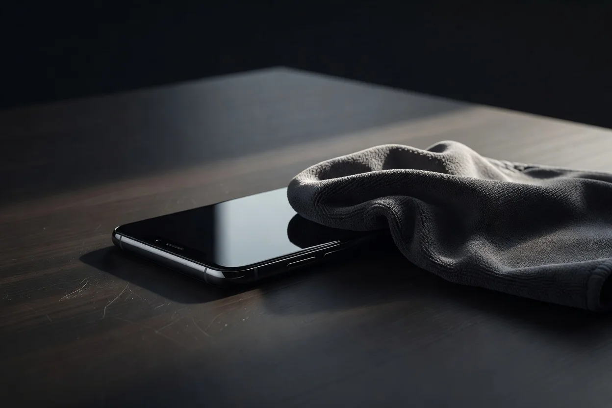 Close-up of a smartphone being wiped with a microfiber cloth on a dark table