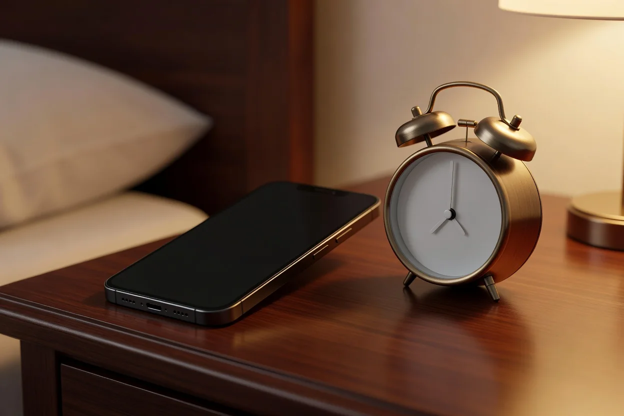 Close-up of a smartphone next to a small analog alarm clock on a nightstand
