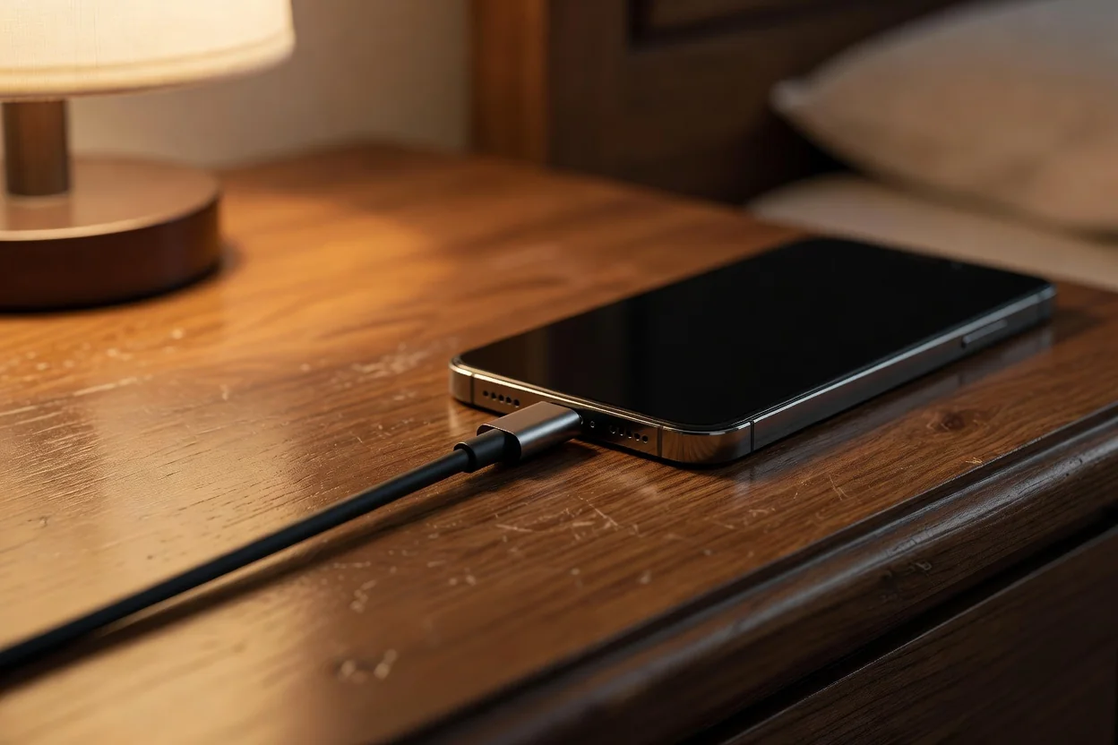 Close-up of a USB-C charging cable plugged into a smartphone on a wooden nightstand