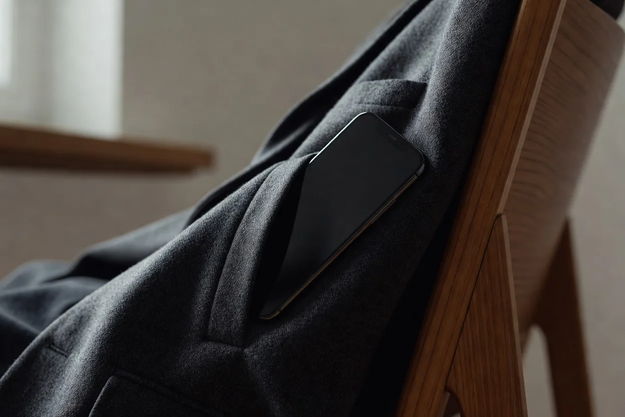 Close-up of a smartphone partially tucked into a jacket pocket on a chair