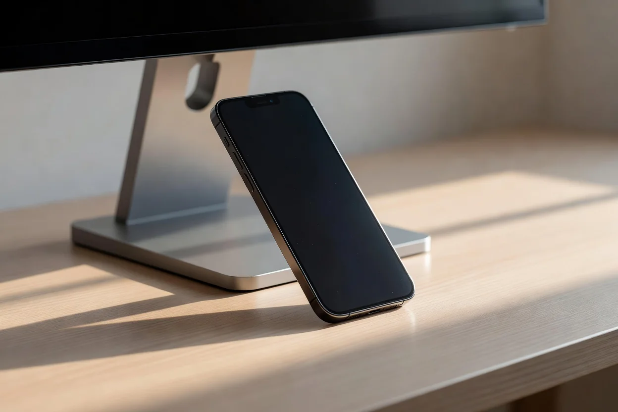 Close-up of a smartphone leaning against a monitor stand on a clean desk