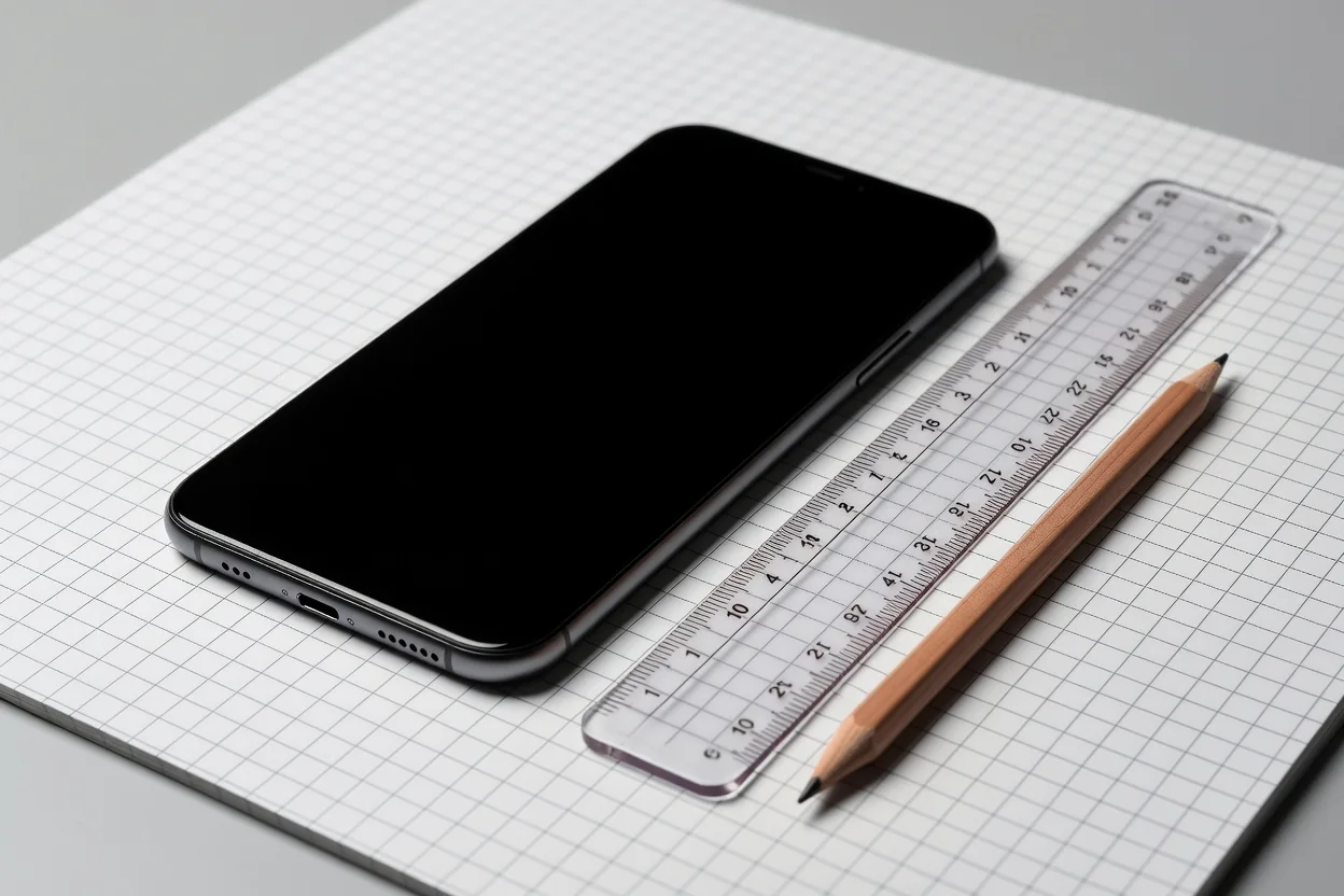 Close-up of a smartphone on a sheet of blank grid paper with a ruler and pencil