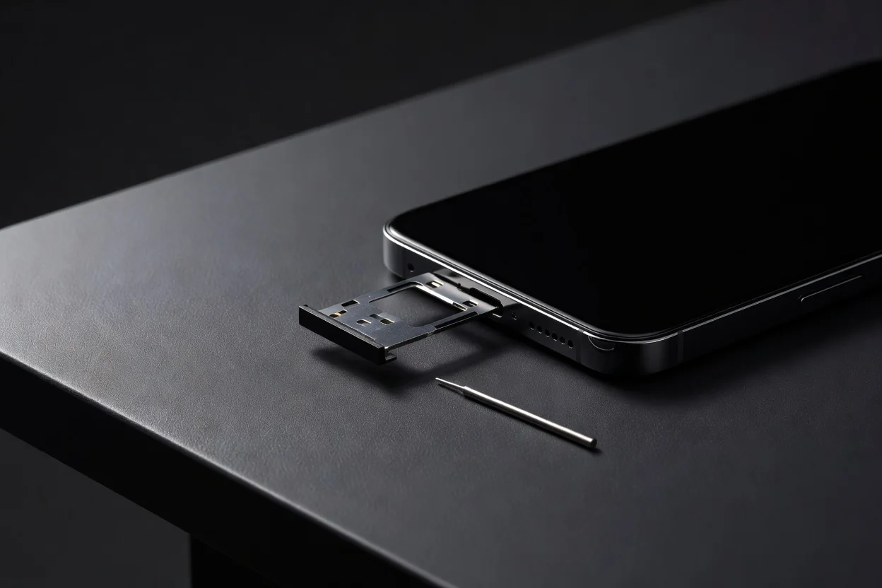 Close-up of a SIM card tray ejected from a smartphone with an ejector pin on a dark table