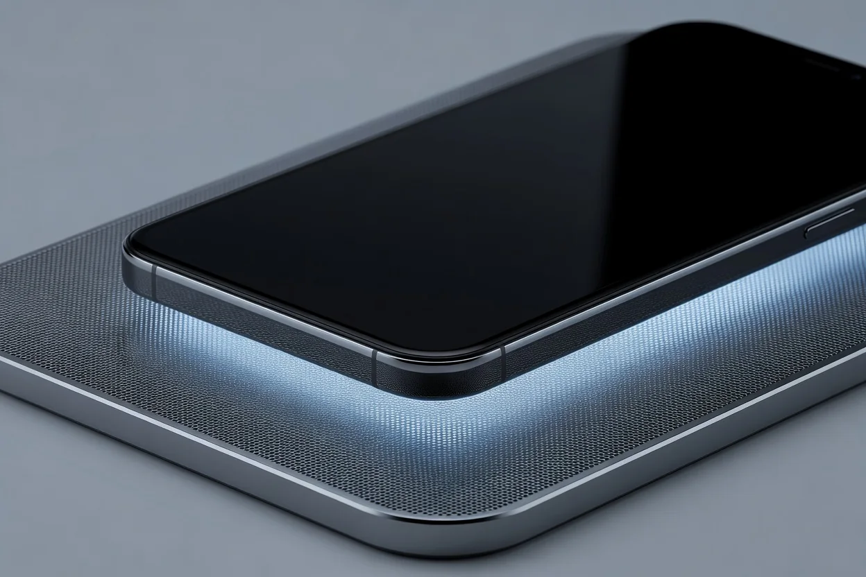 Close-up of a smartphone on a metal cooling pad with mesh texture in cool light