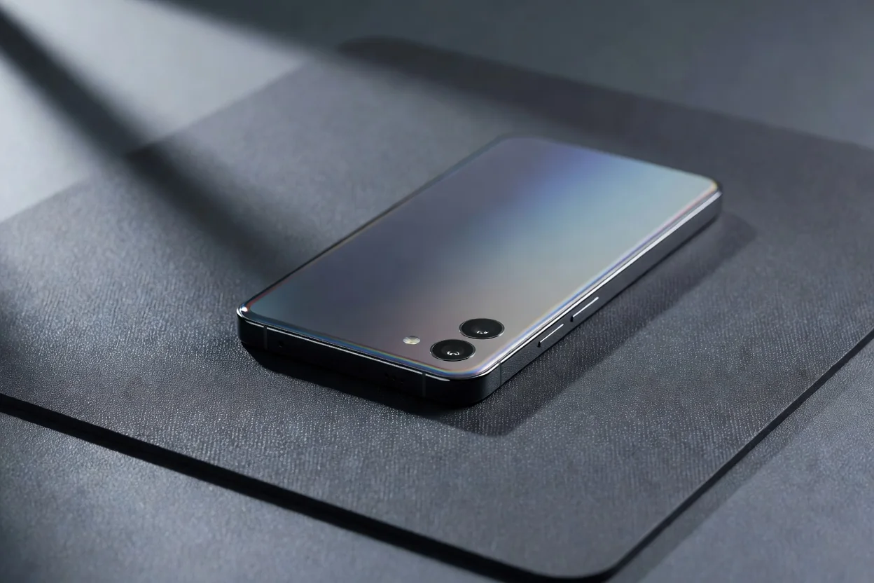 Close-up of a smartphone back panel and camera module on a dark anti-static mat
