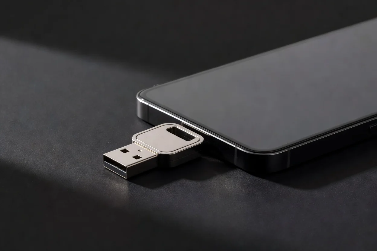 Close-up of a USB security key and a smartphone corner on a matte black surface