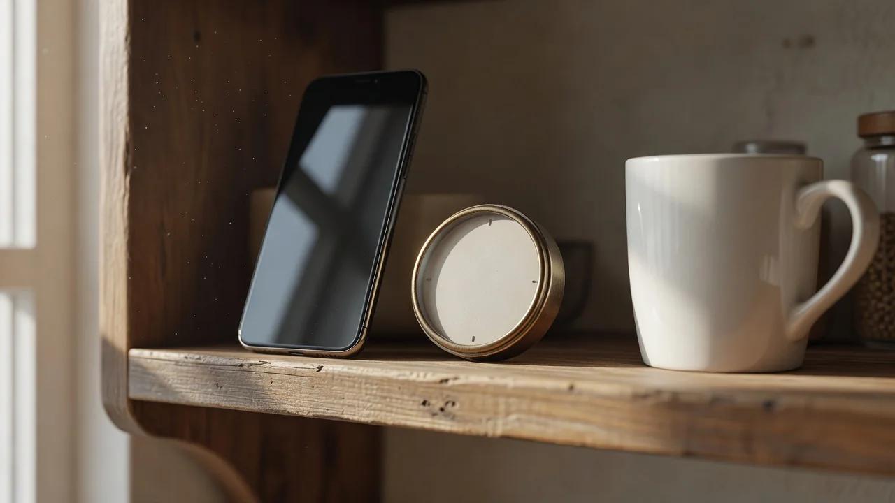 Close-up of a smartphone propped on a kitchen shelf near a small analog clock