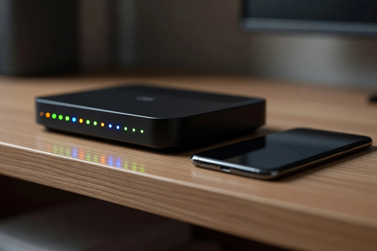 Close-up of a home router with glowing status lights next to a smartphone on a shelf