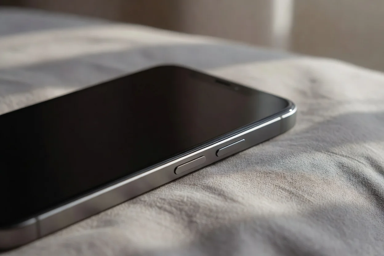 Close-up of a smartphone edge and volume buttons on a fabric surface in soft light