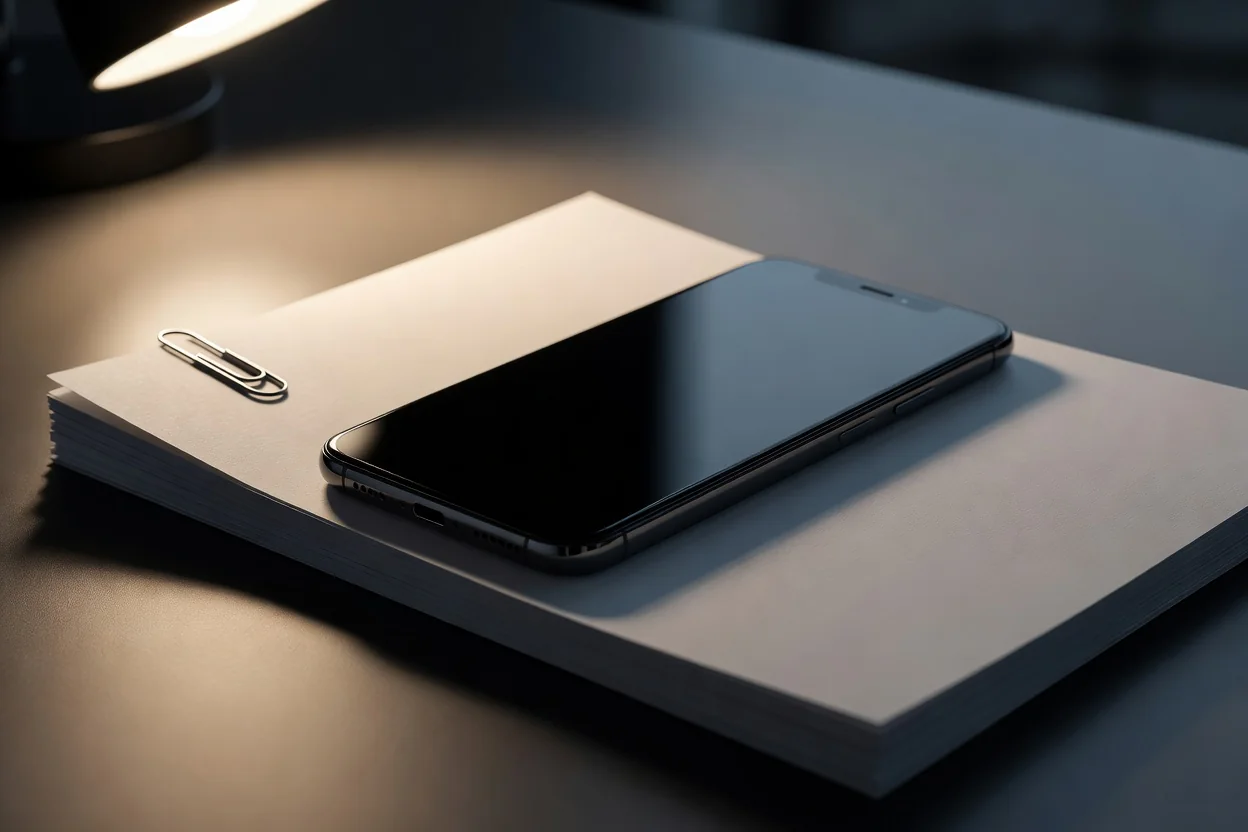 Close-up of a smartphone on a stack of blank paper forms with a paperclip
