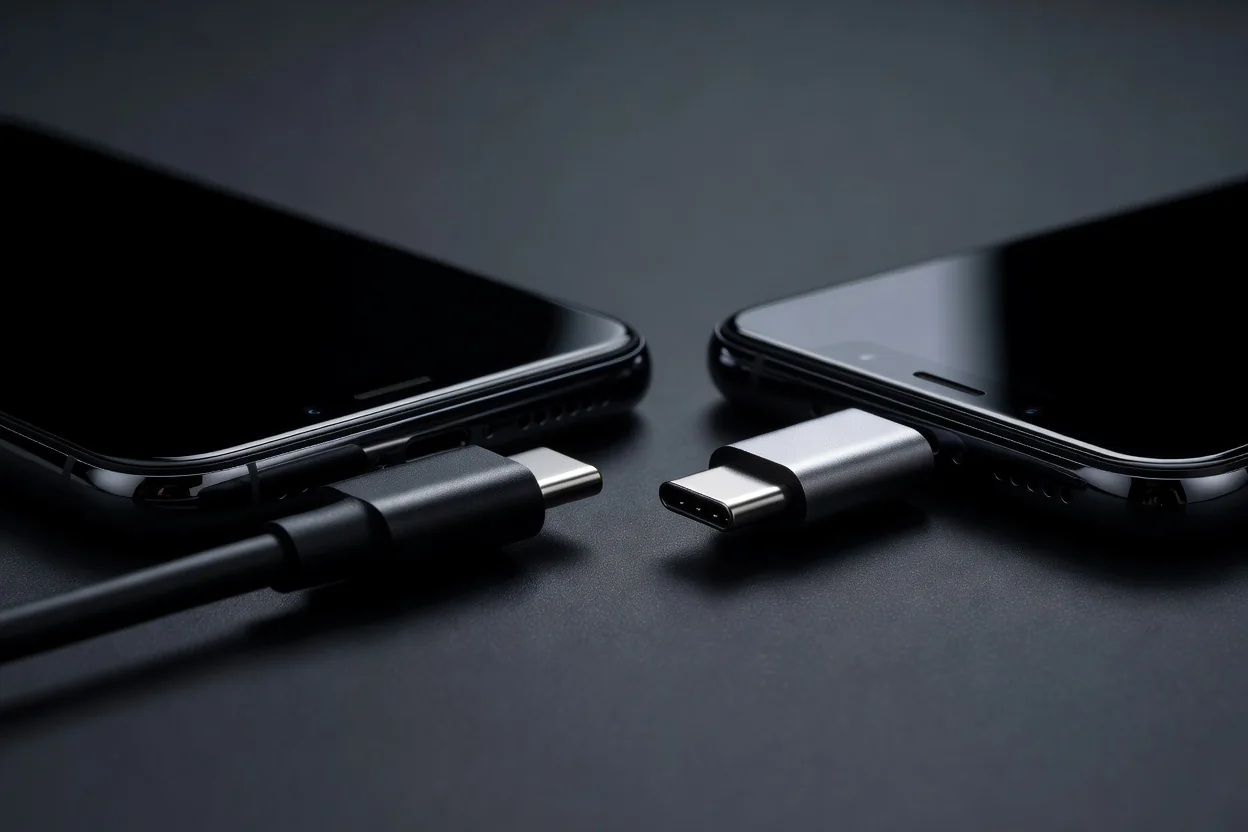 Close-up of USB-C cable connectors and phone edges on a dark desk