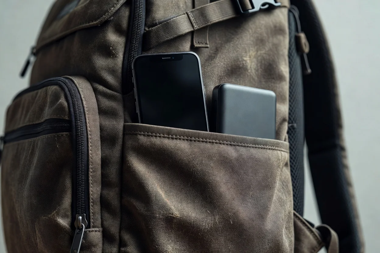 Close-up of a smartphone in a backpack side pocket next to a power bank