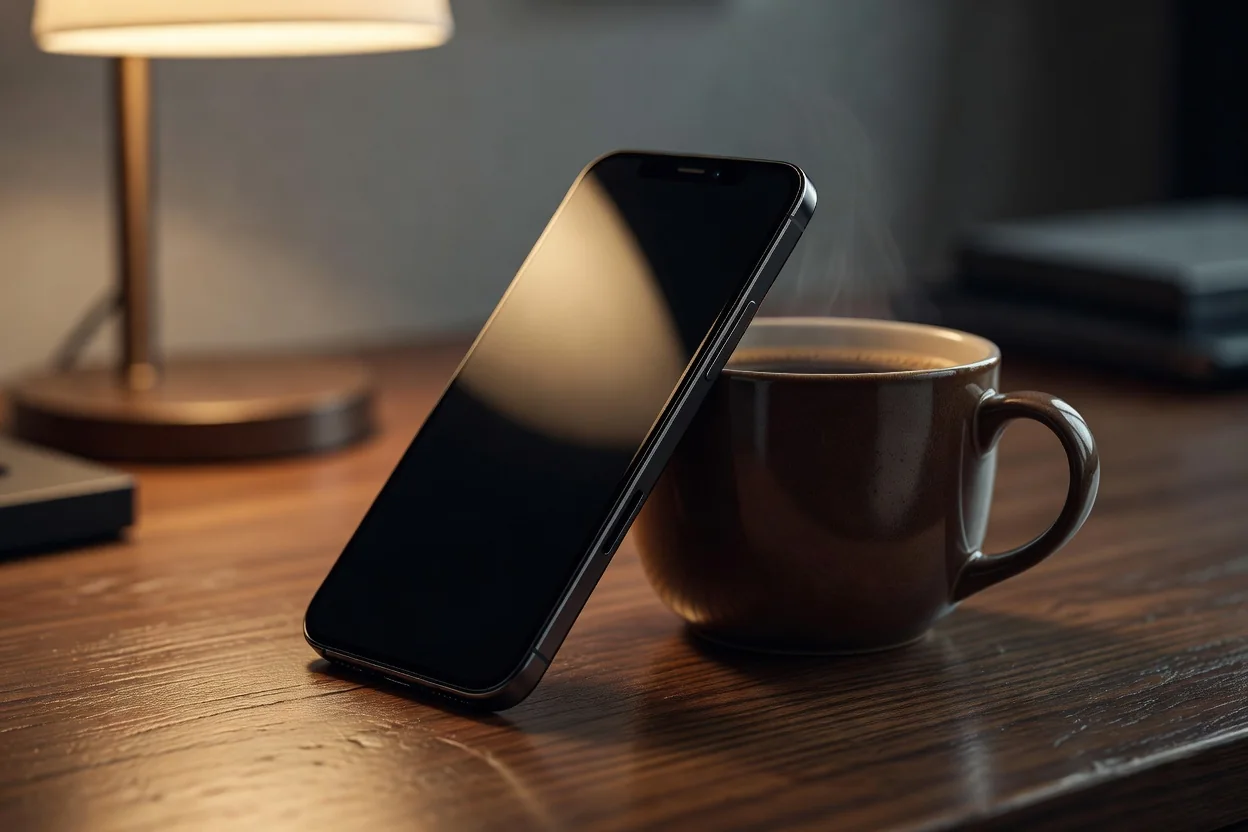 Close-up of a smartphone propped against a coffee mug with a dark screen reflecting lamp light