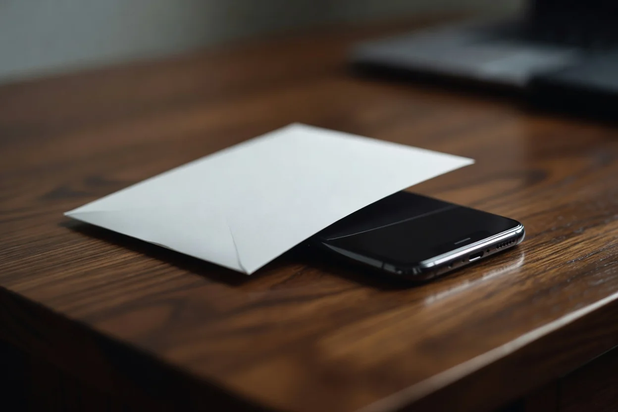 Close-up of a smartphone half covered by a blank white envelope on a wooden desk