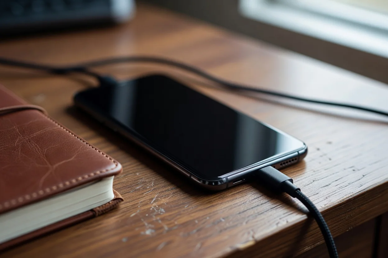 Close-up of a smartphone with a dark screen next to a charging cable and a notebook on a desk
